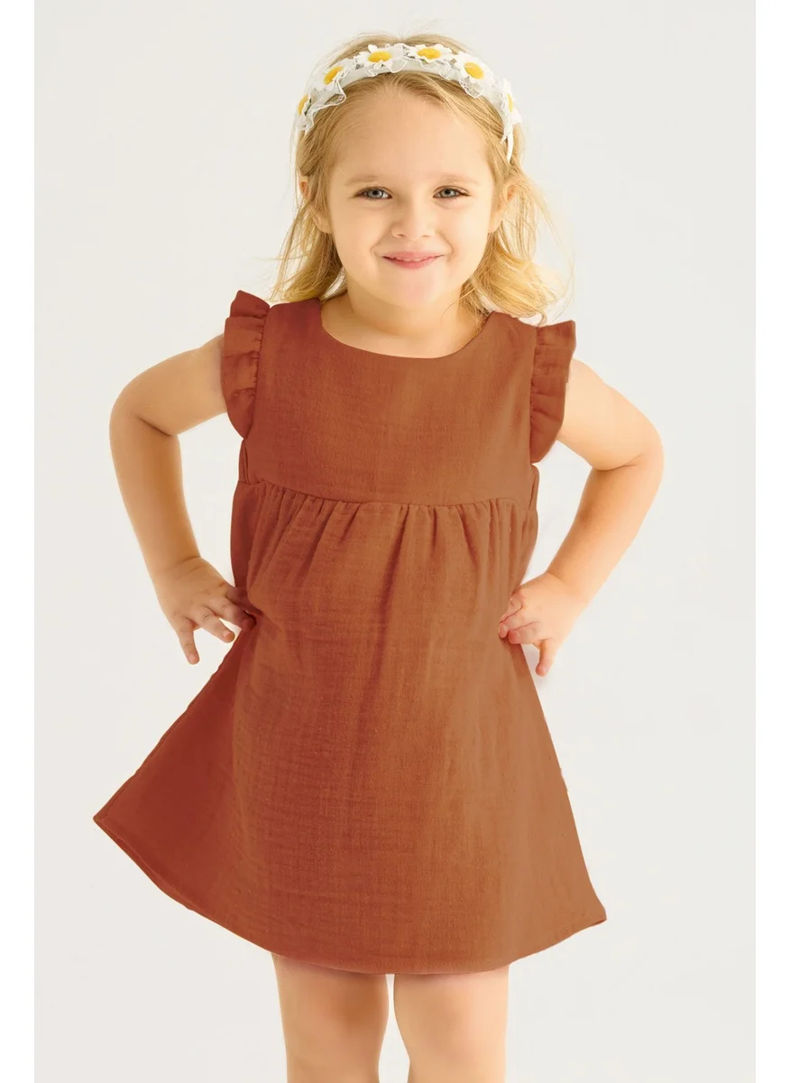 Zepkids Girls Brown Colored Pleated Dress with Ruffled Shoulders