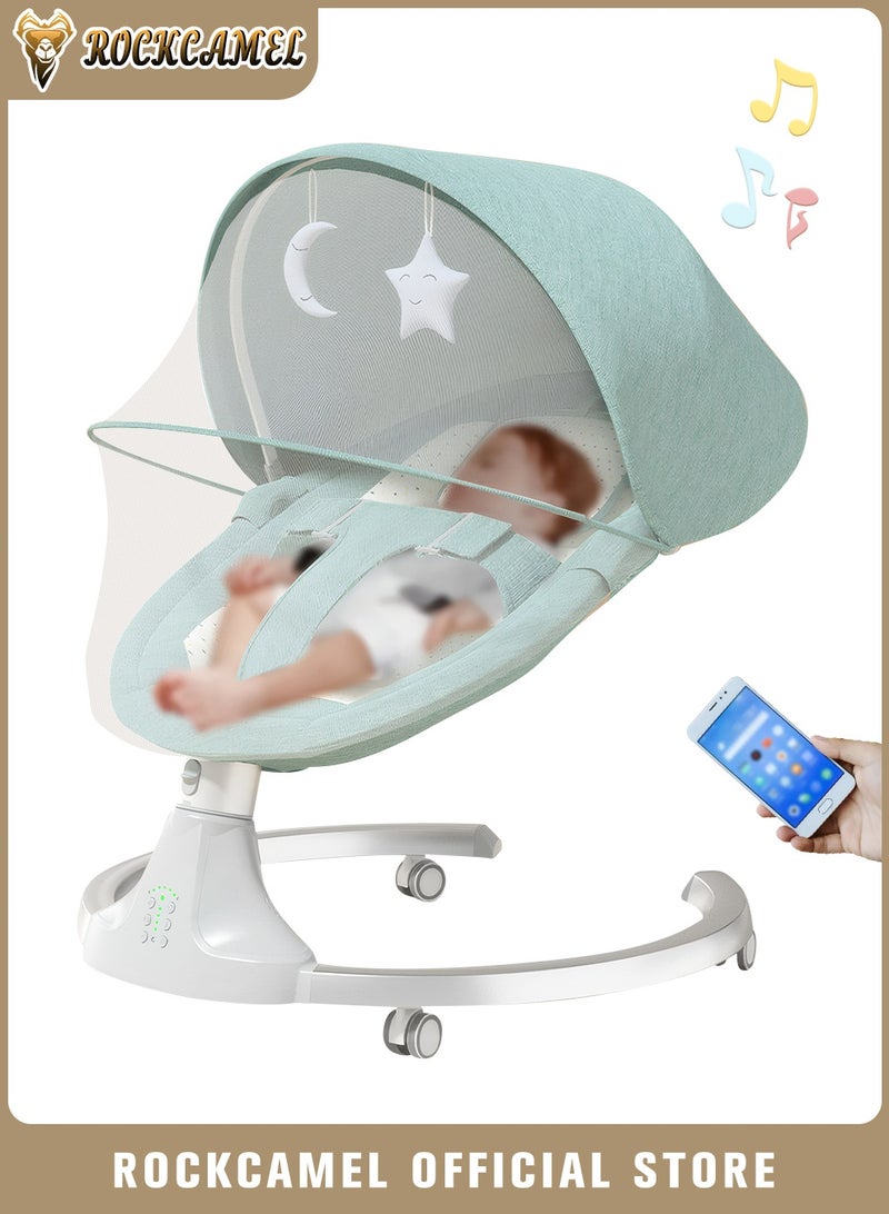 ROCKCAMEL كرسي هزاز متحرك للأطفال الرضع، كرسي هزاز محمول مزود بخمس سرعات للتأرجح، ومؤقت، وجهاز تحكم عن بعد، ومظلة قابلة للإزالة، ومقعد قابل للإمالة وقابل للغسل في الغسالة، كرسي هزاز للأطفال مع ناموسية، لون أخضر - Image 1