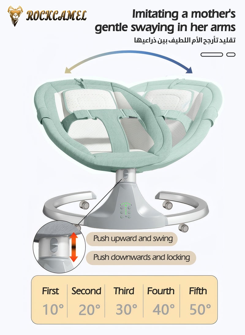 ROCKCAMEL كرسي هزاز متحرك للأطفال الرضع، كرسي هزاز محمول مزود بخمس سرعات للتأرجح، ومؤقت، وجهاز تحكم عن بعد، ومظلة قابلة للإزالة، ومقعد قابل للإمالة وقابل للغسل في الغسالة، كرسي هزاز للأطفال مع ناموسية، لون أخضر - Image 3