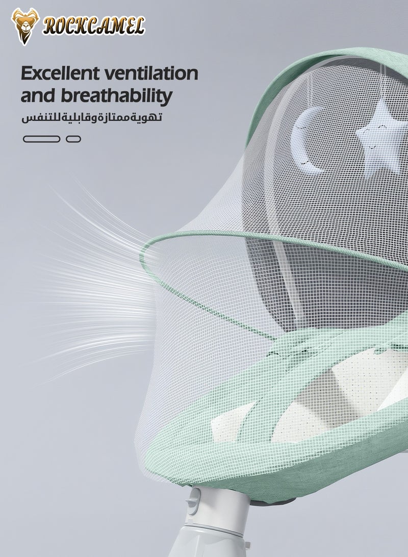 ROCKCAMEL كرسي هزاز متحرك للأطفال الرضع، كرسي هزاز محمول مزود بخمس سرعات للتأرجح، ومؤقت، وجهاز تحكم عن بعد، ومظلة قابلة للإزالة، ومقعد قابل للإمالة وقابل للغسل في الغسالة، كرسي هزاز للأطفال مع ناموسية، لون أخضر - Image 4