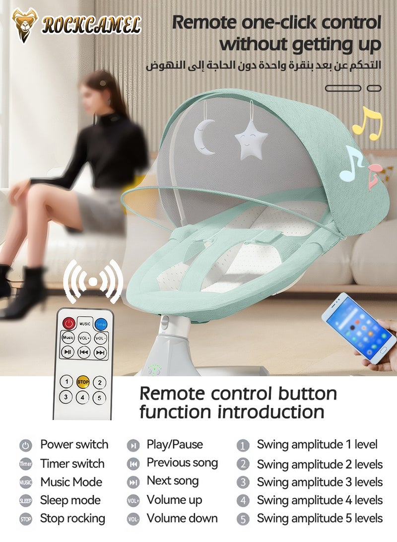 ROCKCAMEL كرسي هزاز متحرك للأطفال الرضع، كرسي هزاز محمول مزود بخمس سرعات للتأرجح، ومؤقت، وجهاز تحكم عن بعد، ومظلة قابلة للإزالة، ومقعد قابل للإمالة وقابل للغسل في الغسالة، كرسي هزاز للأطفال مع ناموسية، لون أخضر - Image 5