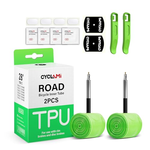 CYCLAMI 2-Pack 700C Bike Inner Tube Ultralight 1.06oz/30g TPU Road Bicycle Tire 28'' 700 x 18 23 25 28 30 32C Presta Valve FV 1.77''/45mm for Adult (4*Bike Tube Patch Repair Kit ＆ 2*Tire Levers) - Image 1