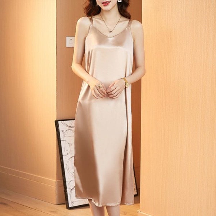 2022 French Satin Slip Dress Mid-Length Spring Summer Gold  - Image 3