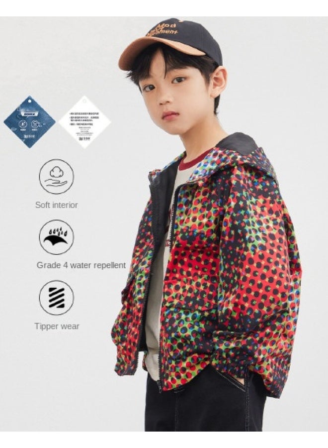 Rainbow Print】 Boys' Waterproof Jacket 2025 Spring/autumn Hooded Oversized Top Children's Outdoor Softshell Jacket - Image 1