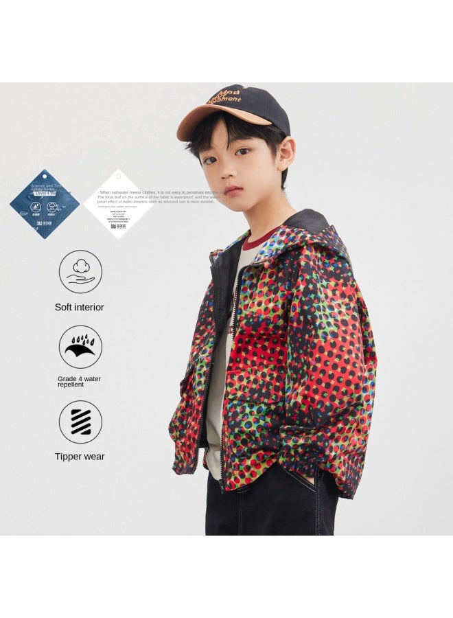 Rainbow Print】 Boys' Waterproof Jacket 2025 Spring/autumn Hooded Oversized Top Children's Outdoor Softshell Jacket - Image 2