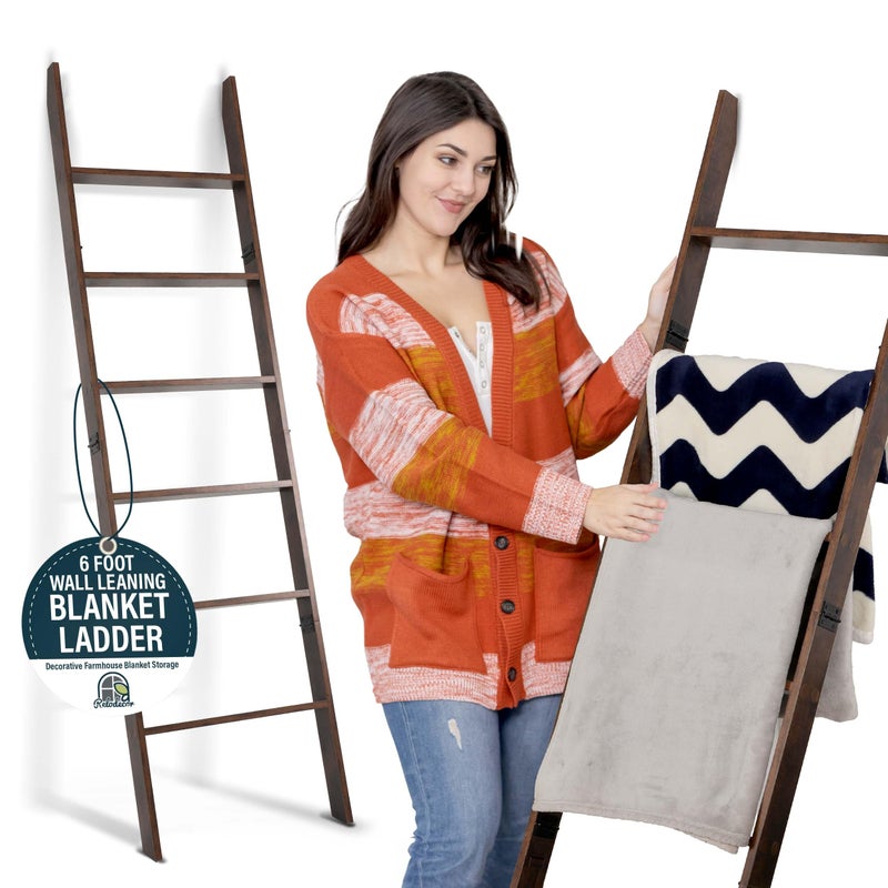 RELODECOR Blanket Ladder for Living Room and Bedroom, 5ft 8 inch, 6-Tier Wall Leaning Laminate Snag Free Construction (Rustic Hickory) Rustic Decorative Farmhouse Blanket Storage, Quilt Rack, Ladder Shelf - Image 3