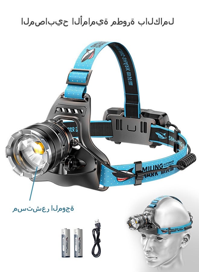 Super Bright LED Rechargeable Headlamp, Zoomable Head lamp with Induction Switch and 5 Lighting Modes, IP6 Outdoors Flashlight Spotlight (Blue) - Image 1