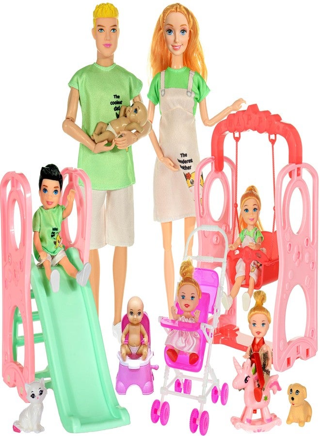 ebuddy Family Dolls Playset with Slide Swing and Baby Stroller - 7 People, Pets & Accessories for 3-12 Years Old Toddler Gift - Image 1
