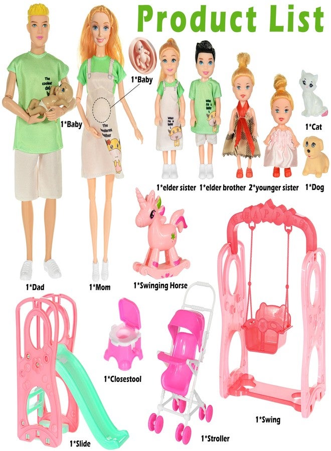 ebuddy Family Dolls Playset with Slide Swing and Baby Stroller - 7 People, Pets & Accessories for 3-12 Years Old Toddler Gift - Image 2