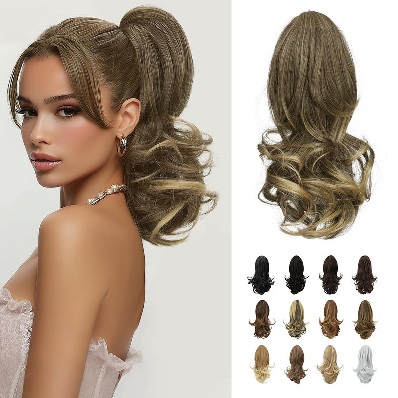 SOFEIYAN 13" Ponytail Extension Long Curly Ponytail Clip in Claw Hair Extension Natural Looking Synthetic Hairpiece for Women, Ash Brown to Blonde - Image 1