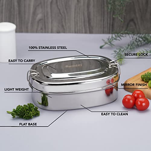 Sumeet Stainless Steel Rectangle Lunch Box/Tiffin for Kids/School with 2 Compartments and Locking Clip, 650ML - Silver - Image 2