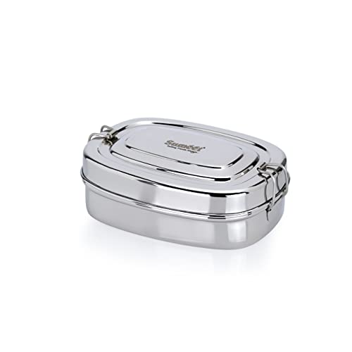 Sumeet Stainless Steel Rectangle Lunch Box/Tiffin for Kids/School with 2 Compartments and Locking Clip, 650ML - Silver - Image 1