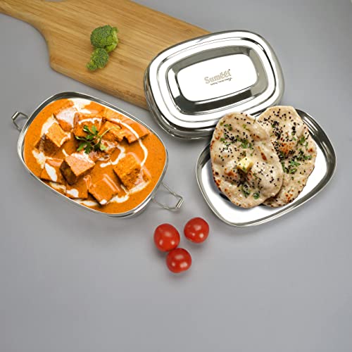 Sumeet Stainless Steel Rectangle Lunch Box/Tiffin for Kids/School with 2 Compartments and Locking Clip, 650ML - Silver - Image 3