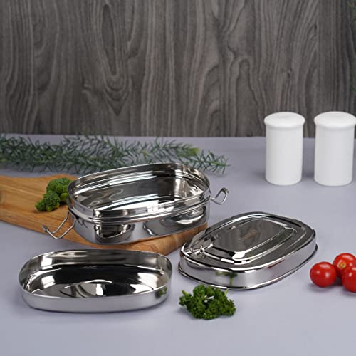Sumeet Stainless Steel Rectangle Lunch Box/Tiffin for Kids/School with 2 Compartments and Locking Clip, 650ML - Silver - Image 5