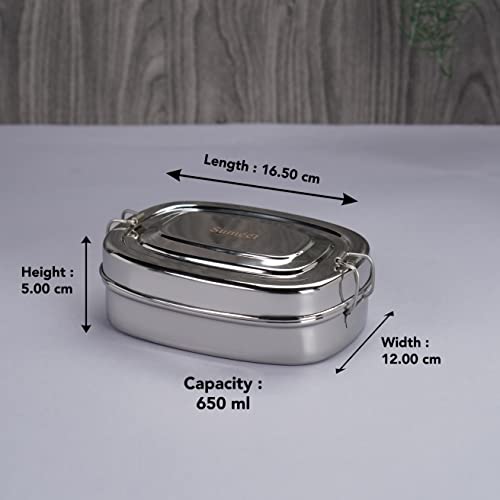 Sumeet Stainless Steel Rectangle Lunch Box/Tiffin for Kids/School with 2 Compartments and Locking Clip, 650ML - Silver - Image 4