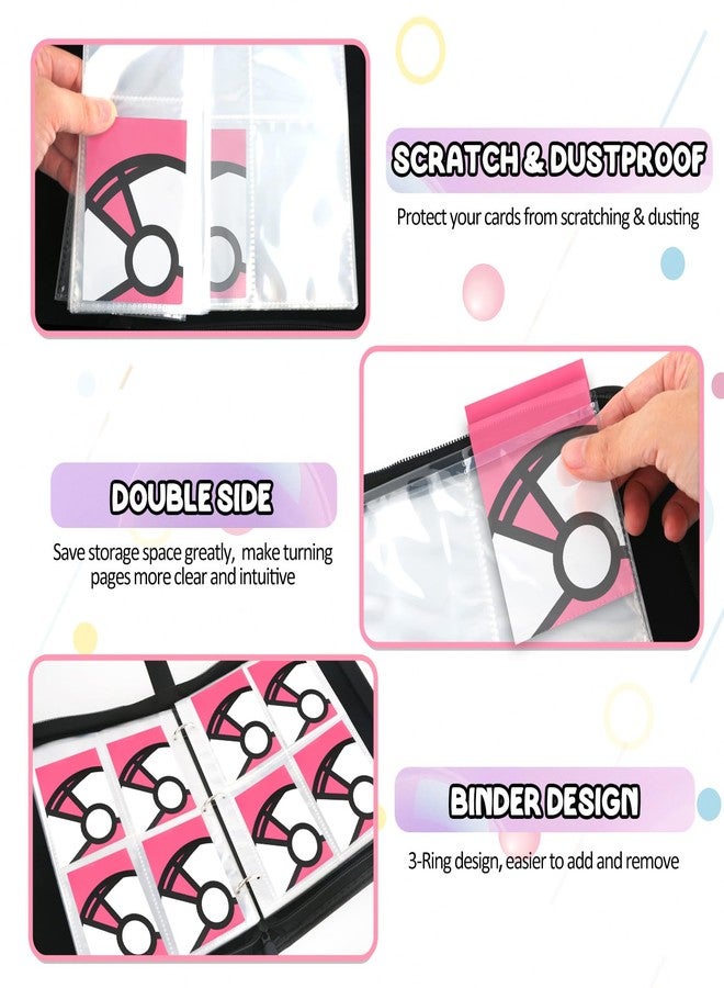 LOYEE Trading Card Binder 4-Pockets, 400 Pockets Card Holder with 50 Removable Sleeves, Large Capacity & Waterproof Zipper Album Holder for Trading Card Collector，Portable Card Album Book for Card-Pink - Image 4