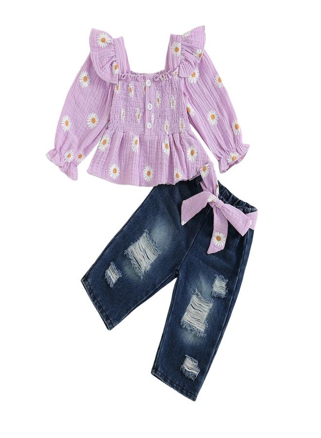 SAYOO Toddler Baby Girl Clothes Linen Smocked Daisy Flutter Top Jeans Denim Pants Set Little Girls Fall Winter Ruffle Outfit (Purple, 12-18 Months) - Image 1