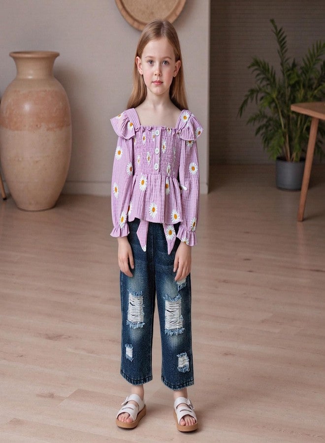 SAYOO Toddler Baby Girl Clothes Linen Smocked Daisy Flutter Top Jeans Denim Pants Set Little Girls Fall Winter Ruffle Outfit (Purple, 12-18 Months) - Image 2