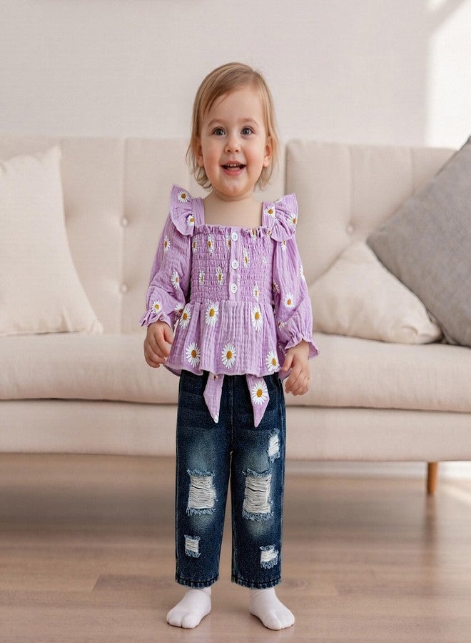 SAYOO Toddler Baby Girl Clothes Linen Smocked Daisy Flutter Top Jeans Denim Pants Set Little Girls Fall Winter Ruffle Outfit (Purple, 12-18 Months) - Image 5