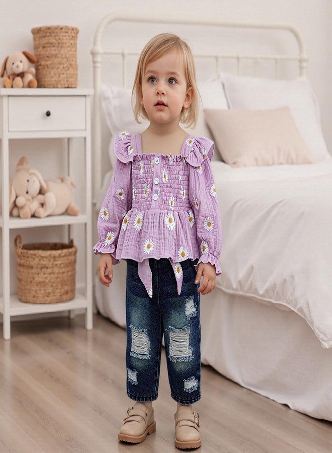 SAYOO Toddler Baby Girl Clothes Linen Smocked Daisy Flutter Top Jeans Denim Pants Set Little Girls Fall Winter Ruffle Outfit (Purple, 12-18 Months) - Image 3