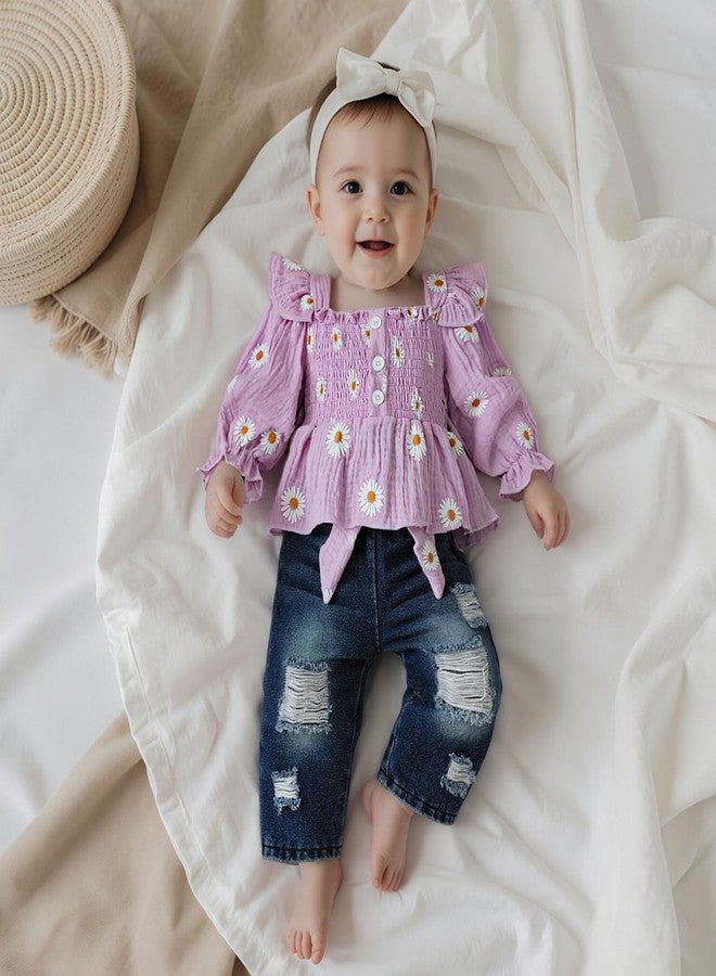SAYOO Toddler Baby Girl Clothes Linen Smocked Daisy Flutter Top Jeans Denim Pants Set Little Girls Fall Winter Ruffle Outfit (Purple, 12-18 Months) - Image 4