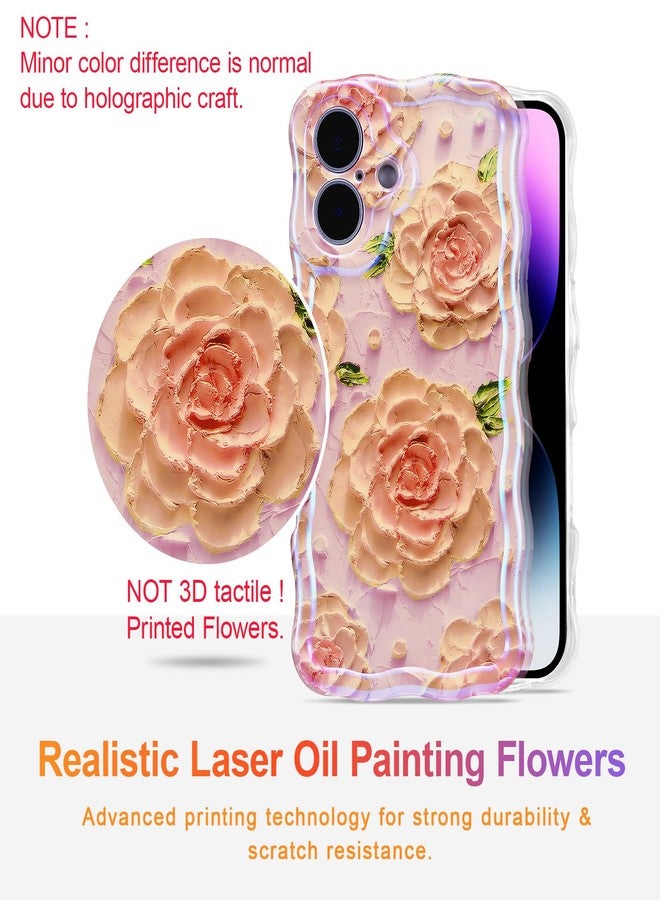 EYZUTAK جراب EYZUTAK لهاتف iPhone 17، بنمط زهور زيتية ملونة بتصميم ريترو لامع، وحواف مموجة لطيفة، غطاء هاتف أنيق ومتين من مادة TPU، مناسب للفتيات والسيدات - لون الفاوانيا الوردية - Image 2