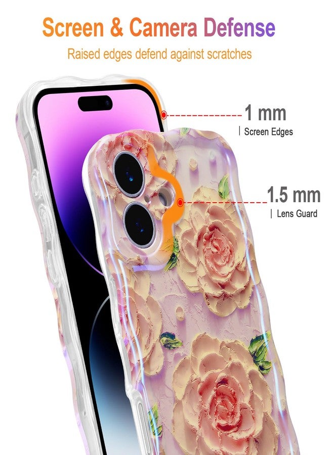 EYZUTAK جراب EYZUTAK لهاتف iPhone 17، بنمط زهور زيتية ملونة بتصميم ريترو لامع، وحواف مموجة لطيفة، غطاء هاتف أنيق ومتين من مادة TPU، مناسب للفتيات والسيدات - لون الفاوانيا الوردية - Image 4