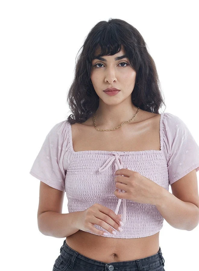 Asharae  Women's Swiss Dot Patterned Short Sleeve Top With Smoking  Comfortable Material, Breathable Daily Wear, Casual Fashion Outfit, Special Occasion Outfit, Trendy & Chic Apparel for Women | Best Price UAE