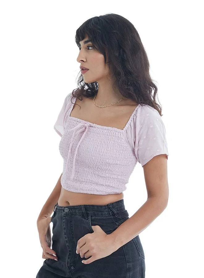 Asharae  Women's Swiss Dot Patterned Short Sleeve Top With Smoking  Comfortable Material, Breathable Daily Wear, Casual Fashion Outfit, Special Occasion Outfit, Trendy & Chic Apparel for Women | Best Price UAE