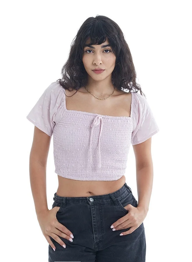 Asharae  Women's Swiss Dot Patterned Short Sleeve Top With Smoking  Comfortable Material, Breathable Daily Wear, Casual Fashion Outfit, Special Occasion Outfit, Trendy & Chic Apparel for Women | Best Price UAE