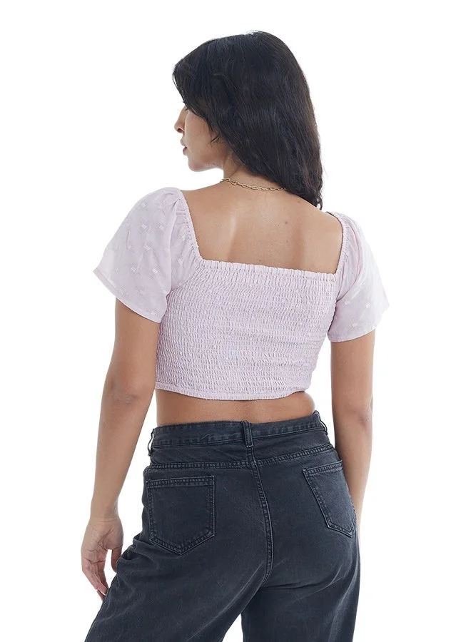 Asharae  Women's Swiss Dot Patterned Short Sleeve Top With Smoking  Comfortable Material, Breathable Daily Wear, Casual Fashion Outfit, Special Occasion Outfit, Trendy & Chic Apparel for Women | Best Price UAE