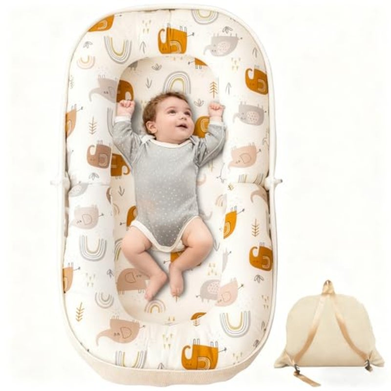 Baby Lounger, Foldable Infant Nest Pillow with Soft Memory Foam Mat, Cover with Adorable Pattern, Converts to Backpack for Easy Travel, Suit for 0-12 Months Infant - Image 1
