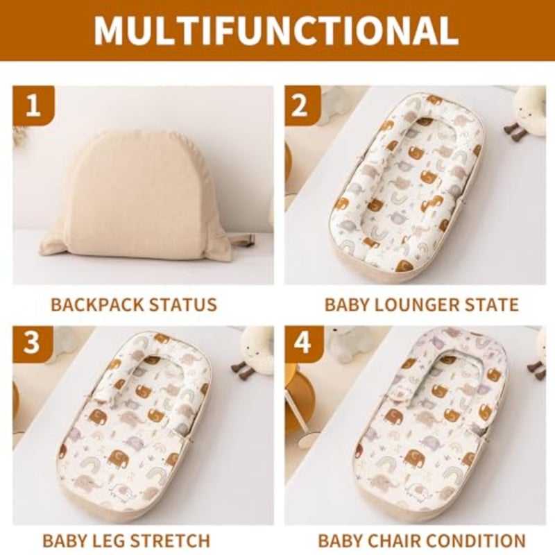 Baby Lounger, Foldable Infant Nest Pillow with Soft Memory Foam Mat, Cover with Adorable Pattern, Converts to Backpack for Easy Travel, Suit for 0-12 Months Infant - Image 3