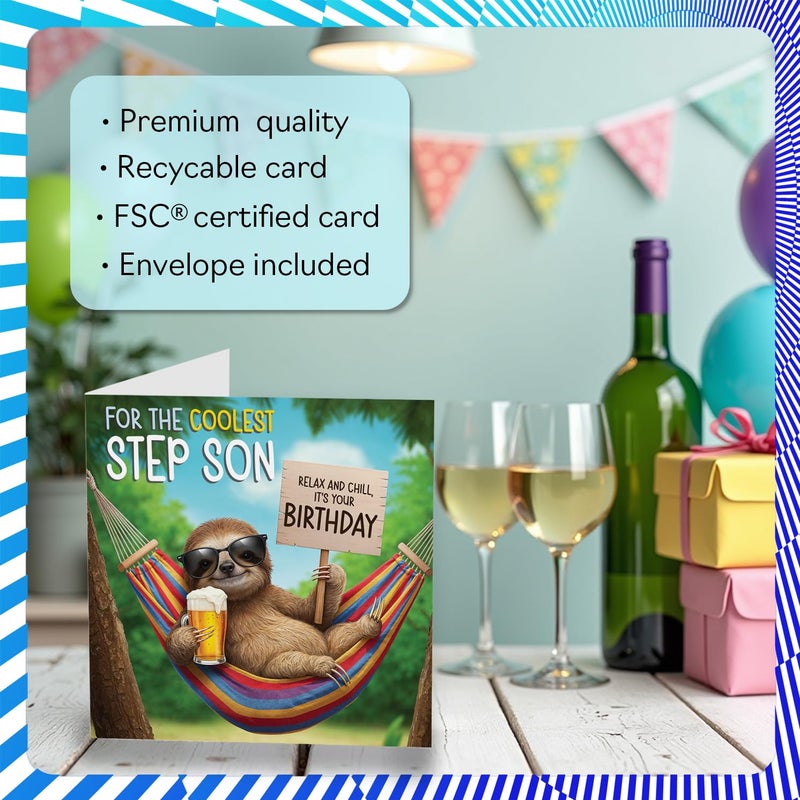 Stuff4 Step Son Birthday Card - Chilled Out Sloth - Happy Birthday Card for Step Son from Dad Mom  5.7 Inch Bright and Colourful Bday Greeting Cards - Image 3