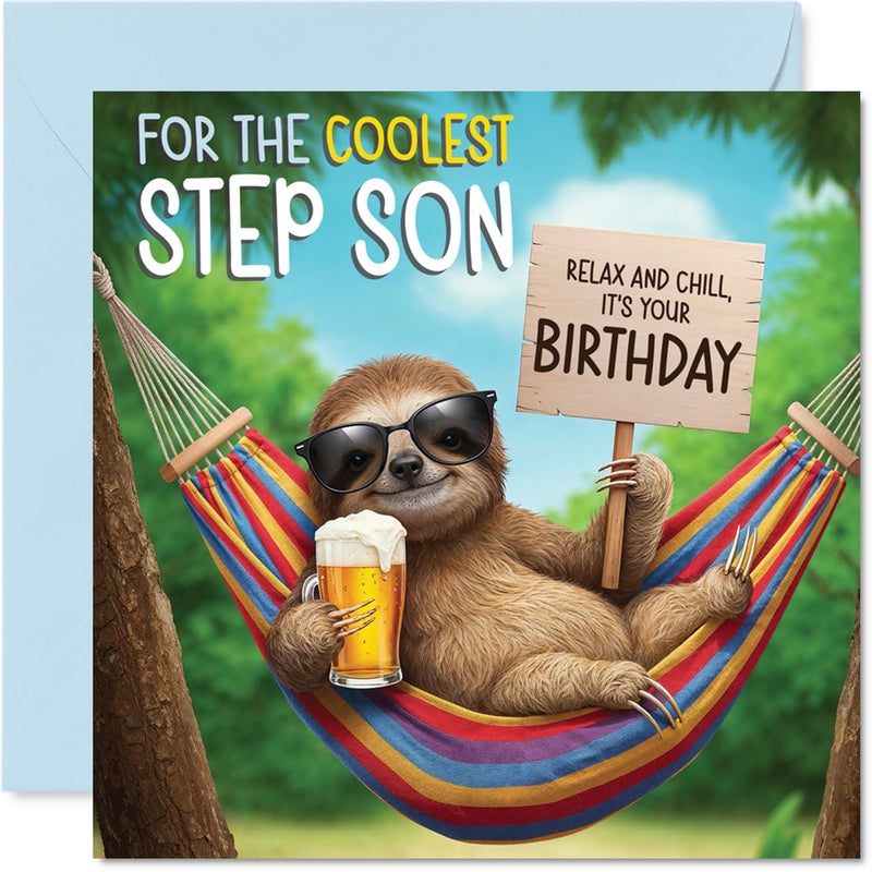 Stuff4 Step Son Birthday Card - Chilled Out Sloth - Happy Birthday Card for Step Son from Dad Mom  5.7 Inch Bright and Colourful Bday Greeting Cards - Image 1