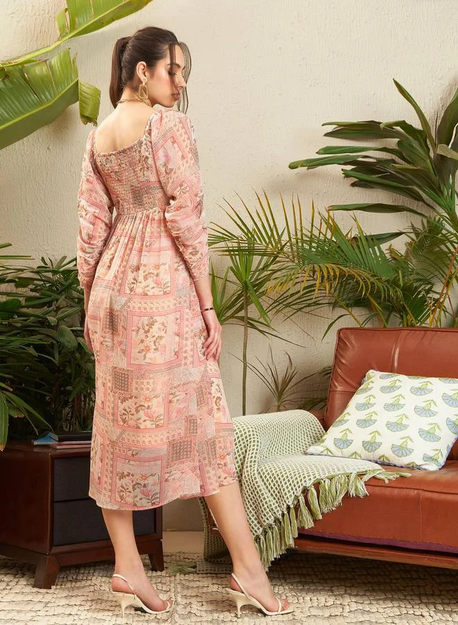 SASSAFRAS Patchwork Print Sweetheart Neck Midi Dress by Styli