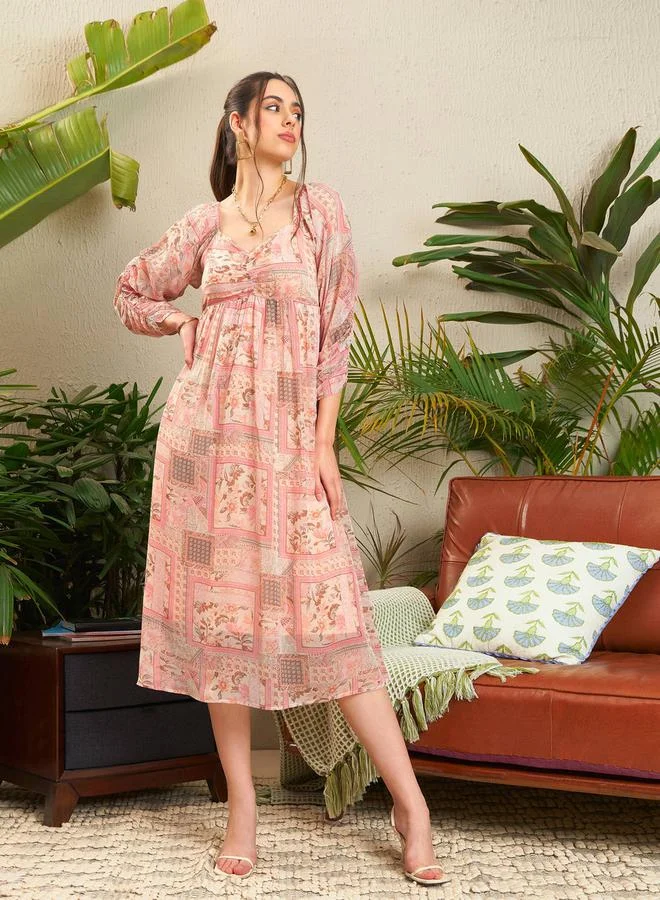 SASSAFRAS Patchwork Print Sweetheart Neck Midi Dress by Styli