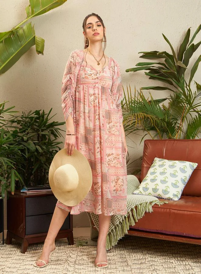 SASSAFRAS Patchwork Print Sweetheart Neck Midi Dress by Styli
