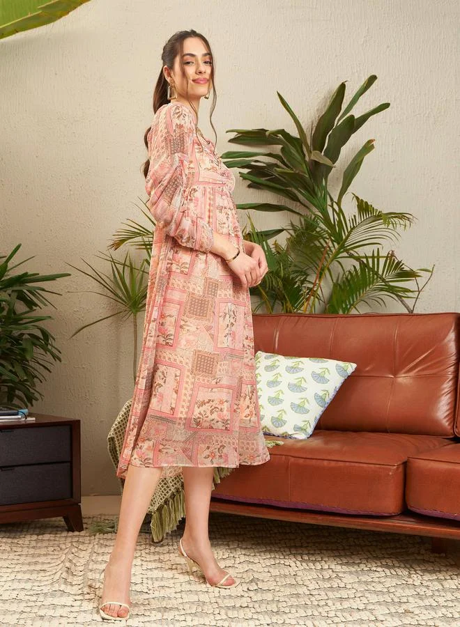 SASSAFRAS Patchwork Print Sweetheart Neck Midi Dress by Styli