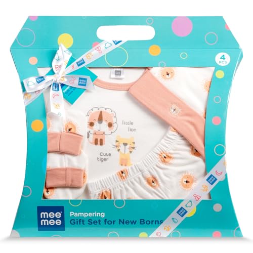 Mee Mee New Born Baby Gift Set | Soft Cotton Clothing Essentials for Infants/Baby Girls, Boys | Baby Shower Clothing Hamper (4 Pieces, Orange)| Ideal Gift for New Born Baby - Image 1