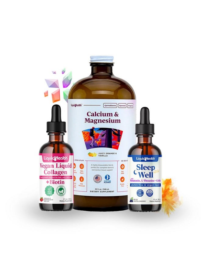 ليكويد هيلث مجموعة مكملات الفيتامينات السائلة النباتية من LIQUIDHEALTH Beauty Sleep مع الكولاجين السائل النباتي + البيوتين، وفيتامينات الكالسيوم والمغنيسيوم السائلة، وقطرات الميلاتونين Sleep Well - صحة الشعر/البشرة/الأظافر والاسترخاء  - Image 1