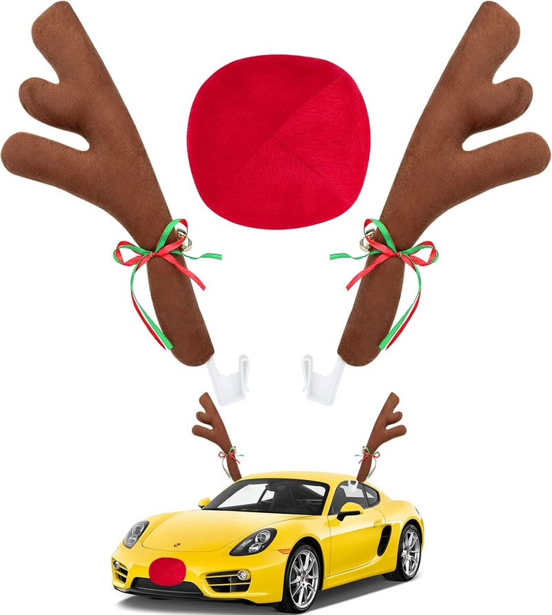 Hydencamm Car Reindeer Antler Kit Nose, Car Reindeer Antlers Christmas for Car Window Roof-Top & Front Grille, Auto Reindeer Antler and Nose Kit Decoration Set for Car SUV Van Truck by - Image 1