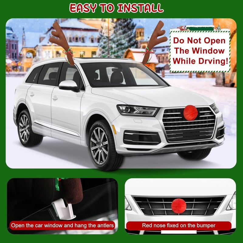 Hydencamm Car Reindeer Antler Kit Nose, Car Reindeer Antlers Christmas for Car Window Roof-Top & Front Grille, Auto Reindeer Antler and Nose Kit Decoration Set for Car SUV Van Truck by - Image 3