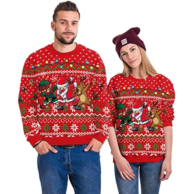 إسكدنيا Festive Holiday Unisex  Sweater, Knit Crewneck Long Sleeve Pullover, Red and Green Nordic Pattern, Dancing Santa and Reindeer Design, Casual Wear - Image 2