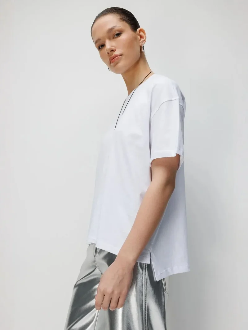 Mixray White MIXRAY Oversized Ribbed Crew Neck Two-Piece T-Shirt Set for Women | Best Price UAE