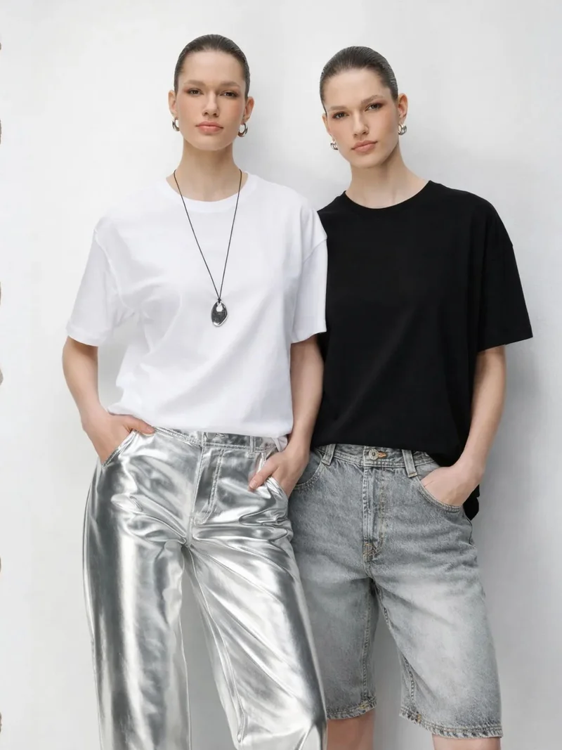 ميكسراي MIXRAY Oversized Ribbed Crew Neck Two-Piece T-Shirt Set