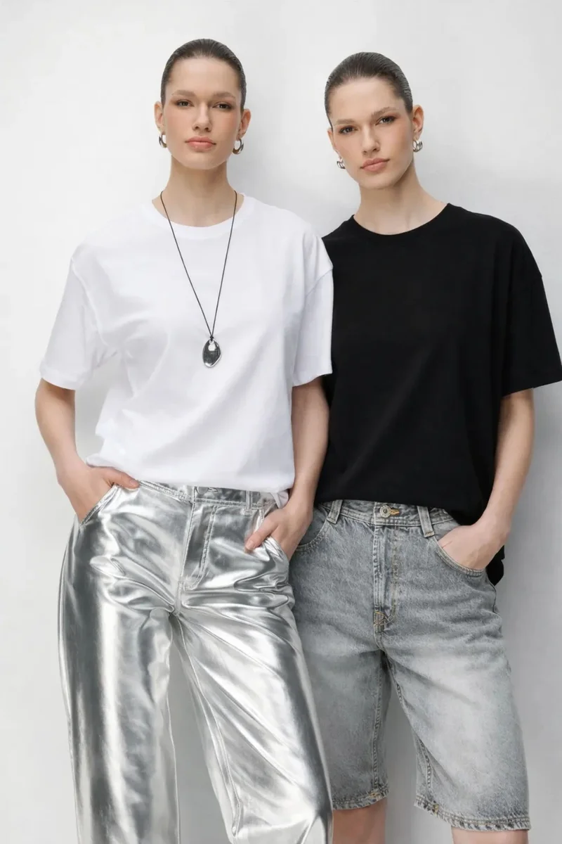 ميكسراي MIXRAY Oversized Ribbed Crew Neck Two-Piece T-Shirt Set