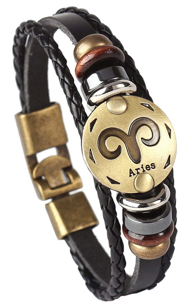 Hamoery Punk Alloy Leather Bracelet For Men Constellation Braided Rope Bracelet Bangle Wristband(Aries) - Image 1