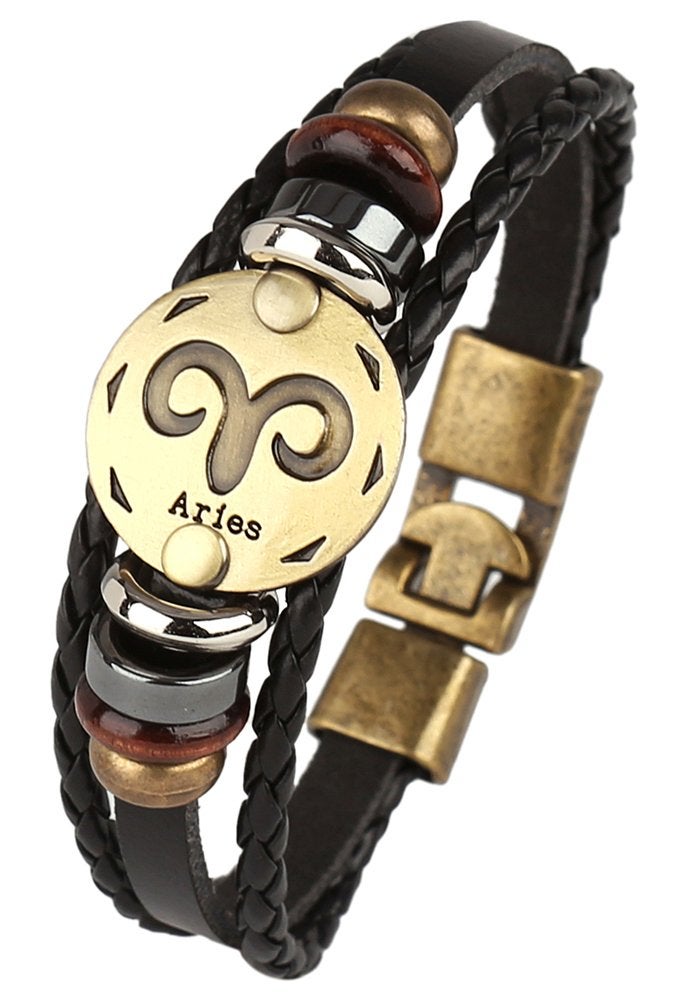 Hamoery Punk Alloy Leather Bracelet For Men Constellation Braided Rope Bracelet Bangle Wristband(Aries) - Image 3
