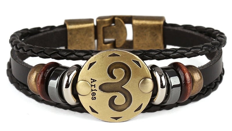 Hamoery Punk Alloy Leather Bracelet For Men Constellation Braided Rope Bracelet Bangle Wristband(Aries) - Image 2